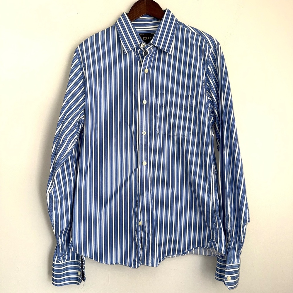 EZRA FITCH Mens Large Blue White Stripe Long Sleeve Button Up Shirt QQ10